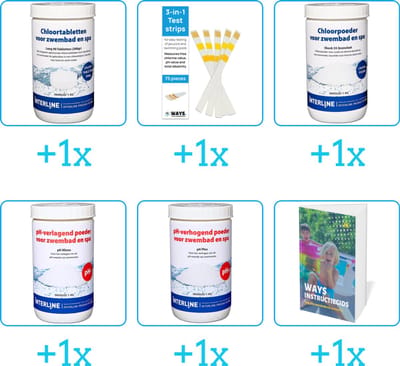 Zwembad Onderhoudspakket - Onderhoud Zwembad - bevat Chloor - Testrips - Chloor - PH-min - PH-plus en Zwembadgids (6-delig)