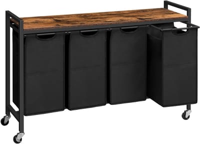 Aurixi® Wassorteerder 4 vakken - Wasmand 4 vakken 4x 39 Liter - Wasmand Met Opbergplank - Wassorteerder - Dubbele wasmand - Duo Wasmand – Wasmanden - Zwart - 111cm x 33cm x 75 cm