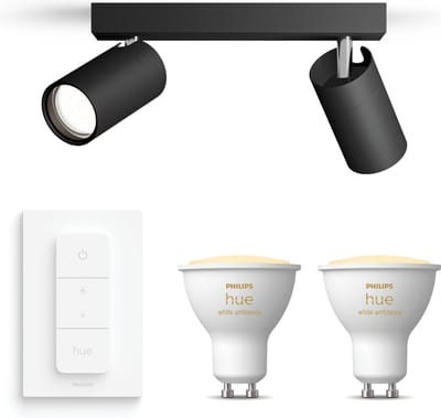 Philips Hue Idris Opbouwspot voor Badkamer (Zwart) - Badkamerlamp - Warm tot Koelwit Licht - Incl. Hue Dimmer Switch - Plafondspot met 2 Lichtpunten - GU10 - Hue White Ambiance