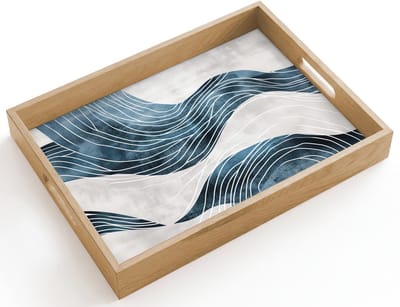 Dienblad hout 40x30 cm - Schootdienblad - Lijnen - Golven - Abstract - Blauw - Borrelplank rechthoek - Plateau dienbladen