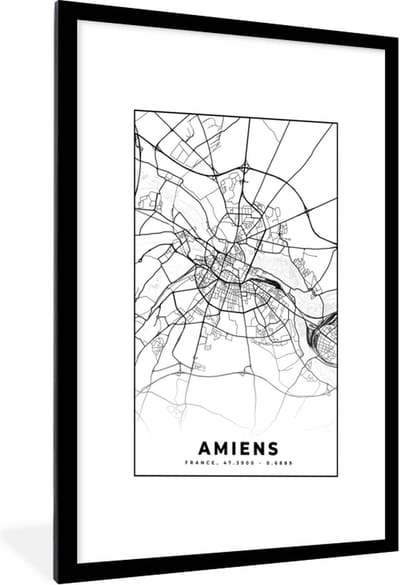 Fotolijst incl. Poster Zwart Wit- Plattegrond - Amiens - Kaart - Frankrijk - Stadskaart - Zwart wit - 60x90 cm - Posterlijst