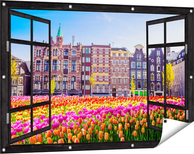 Gards Tuinposter Doorkijk Amsterdamse Huisjes met Tulpen - Kleur - 120x80 cm - Tuindoek - Tuindecoratie - Wanddecoratie buiten - Tuinschilderij