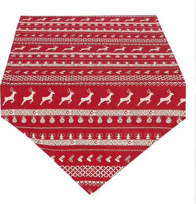Clayre & Eef Tafelloper 50x160 cm Rood Beige Katoen Herten en Kerst Tafelkleed