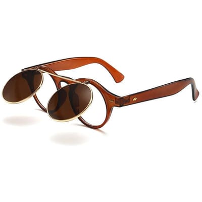 Klassieke Flip Zonnebril voor Mannen en Vrouwen Punk Stoom Ronde Vorm Dubbele Laag Zonnebril Europees en Amerikaans Stijlvolle Zonnebrillen Gafas brown