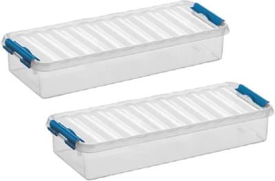 3x stuks sunware q-line opberg box/opbergdoos - 2.5 liter - 38 x 14 x 6 cm - kunststof - opslagbox - transparant/blauw