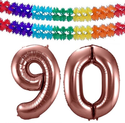 Folat Verjaardag Leeftijd folieballon - 90 jaar - rosé goud - 86 cm - cijferballon groot - incl 2x feestslingers