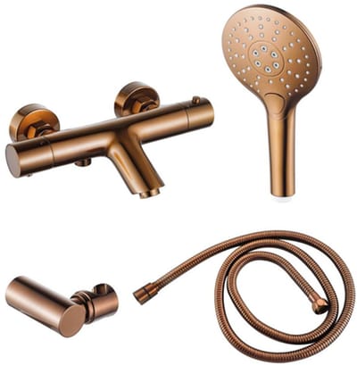 FugaFlow Eccelente Acces Thermostatische badkraan met ronde handdouche, handdouchehouder en metalen doucheslang Geborsteld koper PVD (Koper)