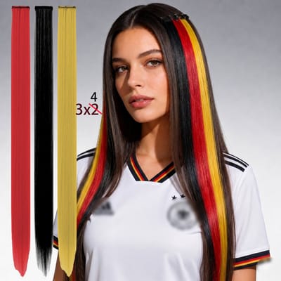 12 stuks zwart rood gele haarextensies dames meisjes Duitse vlag synthetische haarpruik Duitse vlag haarstukjes kijkwedstrijd en feestaccessoire voor WK voetbal geschikt voor allerlei sportwedstrijden en feesten