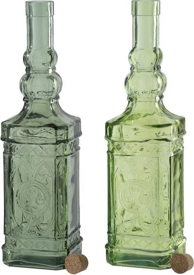J-Line decoratie Fles Rechthoek - glas - lichtgroen/olijfgroen - set van 2