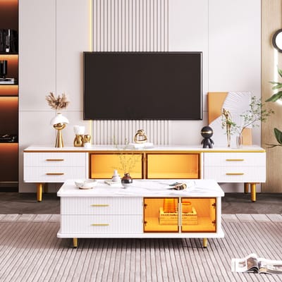 OKWISH TV-Meubel – Modern 2 Deuren + 4 Lades – Met LED – Marmerpatroon & Gouden Handgrepen – Spaanplaat Wit+Bruin – 170 cm