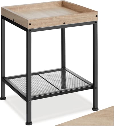 tectake® Bijzettafel met 1 plank met opstaande rand en 1 roosterplank - Nachtkastje in industrieel design - Voor woonkamer, slaapkamer, kantoor, hal - Eenvoudige montage - Zwart metalen frame - Afmeting (LxBxH) 41,5x41x56 cm - Lichtbruin