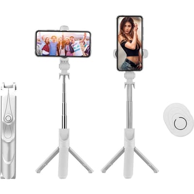 5-delige uitschuifbare selfiestick Geïntegreerde universele telefoonhouder Tafelstatief met BT-afstandsbediening wit