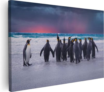 Artaza Canvas Schilderij Pinguïns - 90x60 cm - Wanddecoratie Dieren - Muurdecoratie Strand Zee - Schilderijen Op Canvas