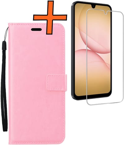 Hoes - Met Screenprotector - Geschikt voor Samsung Galaxy A17 - Luxe Pasjeshouder - Bookcase Portemonee - Flip Case - Kunstleer Book Case - Flipcase - Book Cover - Walletcase - PortemonneeHoes - Lichtroze