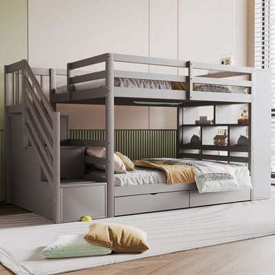 REDOM Ledikant 90x200 cm – Stapelbed met veiligheidstrap & opbergruimte – Massief hout – Grijs