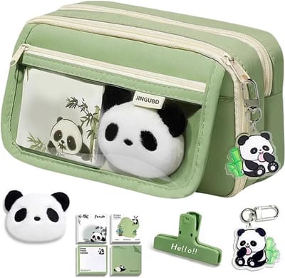 Grote Dubbele Laagse Pennenbak en Etui met Panda Design en Accessoires