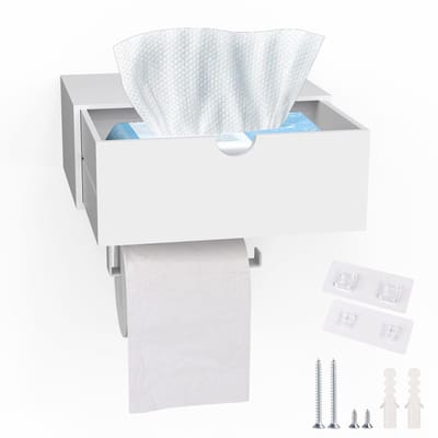 Dailygoods- Toiletpapierhouder met plank - Bamboe/Roestvrij Staal - Zelfklevend - Wandmontage zonder boren - Voor badkamer/keuken - Geschikt voor vochtige doekjes - Wc-rolhouder