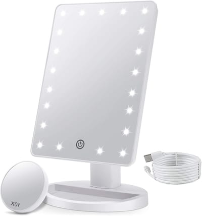 SnelShoppen - Verlichte Make-upspiegel met 10x Vergroting, 21 LED-lampen, Dimbare Aanraaksensor, 180° Rotatie, Draagbare Cosmetische Spiegel - Wit - P