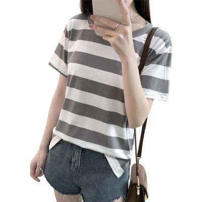 Zomer T-shirt Ronde Hals Korte Mouw T-shirt Gestreept Print Ademend Veelzijdig Losvallend Top Streetwear L grijs
