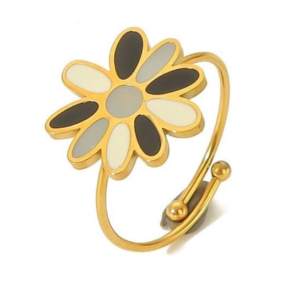 Ring Bloem- RVS - One Size - Goudkleurig - Clover - Klavertje Grijs/Wit/Zwart - 1,36cm doorsneede