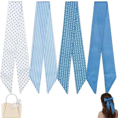 4 stuks-Zijden sjaal - lange zijden sjaal - haaraccessoire - hoofdband - modeaccessoire - tashanger - geschikt voor het versieren van rugzakken, portemonnees, kleding en haar - blauw - wit - 90*6 cm