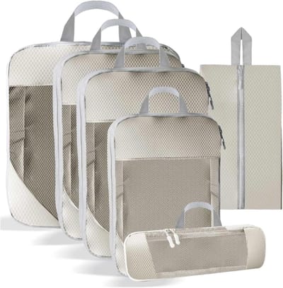 Comprimerende Verpakkingskubussen - Reis Opbergtas - Bagage Organiseren - Waterdicht Robuust Weefsel - 6 Stuks - Beige