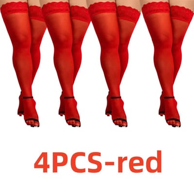 4 Paires/Ensemble Bas Élastiques Dentelle au Genou Hauts sur la Cuisse Sexy Fins Noir Mailles de Pêche Ensemble Bas Blanc Grande Taille Longs Pour Femme One Size red