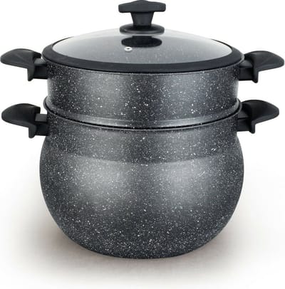 Royal Swiss® Couscouspan 14L – Couscoussier Stoompan – Aluminium Stone-Coating – Geschikt voor Alle Warmtebronnen – Met Glazen Deksel – Zwart