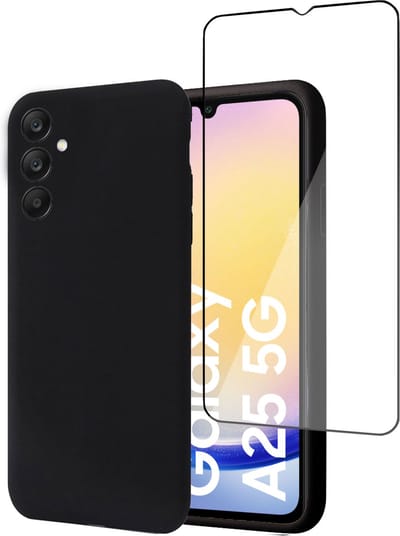Geschikt voor Samsung Galaxy A25 - Hoesje + Screenprotector – Full Cover Gehard Glas – Suède Back Cover Case Zwart