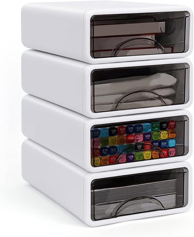 4 stuks stapelbare ladebox, bureau met laden, bureau-organizer, laden, ladeboxen, kunststof opbergdoos voor kantoor, school, thuis, make-uptafel, desktop