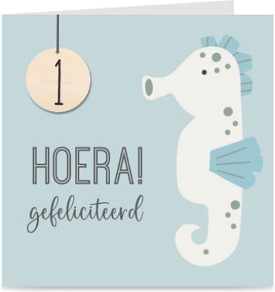 Verjaardagskaart met leeftijd voor kinderen | ZEEPAARDJE | 1 jaar | kaart met envelop | jongen / meisje