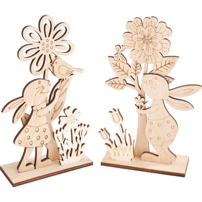 VBS Houten bouwpakketten "Konijnenpaar met bloemen", set van 2