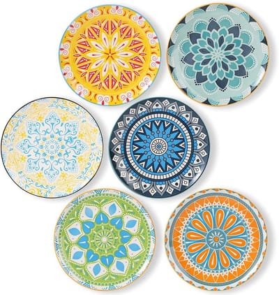 Set van 6 Kleurige Porseleinen Borden voor Salades, Desserts en Hapjes, Vaatwasser- en Magnetronbestendig