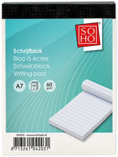 SOHO Schrijfblok met lijnen – Collegeblok – Notitieblok – Lijntjespapier – Gelinieerd – 100 vellen – A7 formaat