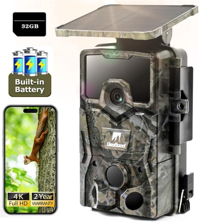 Usogood Wildcamera op zonne-energie - 4K Ultra HD 48MP - Nachtzicht - Bewegingsgeactiveerd - met 32GB Geheugenkaart