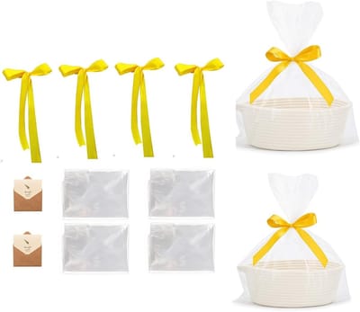 Lege Gevlochten Opbergmanden Set met Cadeauzak, Strik en Wenskaart voor Verjaardag, Bruiloft en Pasen - 2 Stuks (Wit)