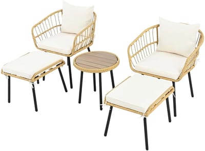 Allero Loungeset - Loungesets - Loungeset Tuinmeubels - Tafel - 2 Stoelen - 2 Krukken - Rotan - Inclusief Kussens - Naturel