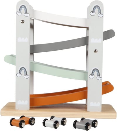 Tryco Houten Slider Autobaan - Houten Racebaan - 3 Autootjes en Zigzagbaan - Stimuleert Motoriek - Vanaf 18 Maanden Wit Antraciet Roest