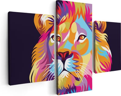 Artaza Canvas Schilderij Drieluik Gekleurde Leeuw - Leeuwenkop - Abstract - 90x60 - Foto Op Canvas - Canvas Print