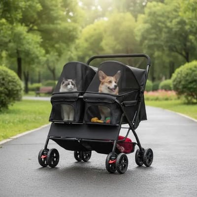 Dailygoods Opvouwbare dubbele hondenbuggy met verstelbaar zonnekap en opbergmand - Zwart - AliExpress 15