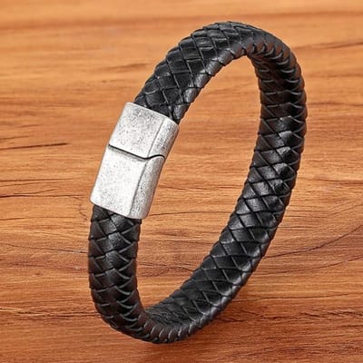 Mode Roestvrijstalen Charm Magnetische Zwarte Heren Armband Leer Echt Gevlochten Punk Rock Bangles Sieraden Accessoires Vriend 19cm black