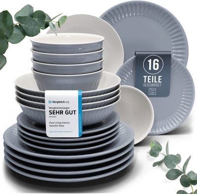 Pure Living Hygge 16-Delig Serviesset - Grijsblauw - 4 Personen - Krasbestendig - Ribbelstructuur