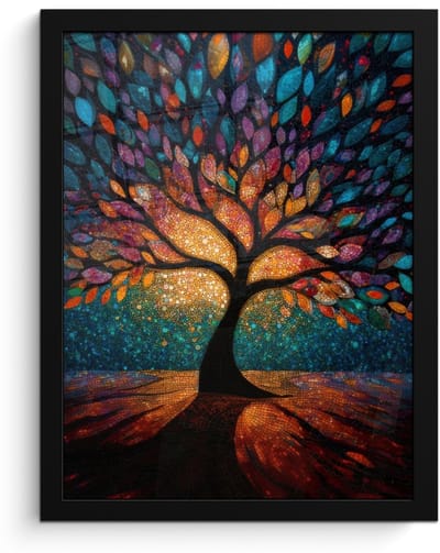 Poster in lijst - Fotolijst 30x40 cm - Posters - Mozaïek - Kleurrijk - Boom - Takken - Posterlijst zwart - Decoratie - Wanddecoratie woonkamer - Muurdecoratie slaapkamer