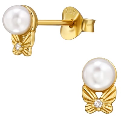 Joy|S - Zilveren parel met vlindertje oorknopjes - 4.3 x 6.8 mm - goldplated - oorbellen