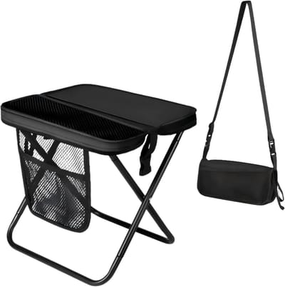 Draagbare Opvouwbare Kruk - 12 Inch Hoog - Inklapbaar Met Opbergzak - Handenvrij Dragen - Draagvermogen 300 Lbs - Ultralicht - Voor Wandelen, Vissen, Kamperen En Festivals - Zwart