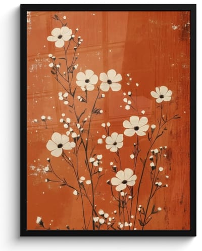 Poster in lijst - Fotolijst 50x70 cm - Posters - Bloemen - Wit - Subtiel - Roestkleur - Posterlijst zwart - Decoratie - Wanddecoratie woonkamer - Muurdecoratie slaapkamer