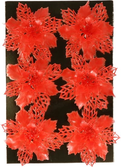 Gerimport Kerstboom bloemen op clip - 6x stuks - rood - kunststof - kerstornamenten