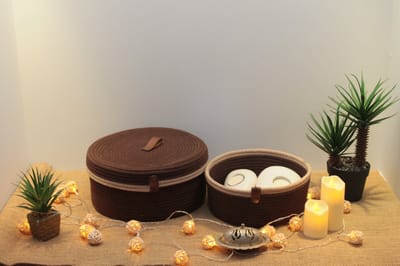 OZ Home - 2-delige Mandenset met Deksel - Bruin/Beige - Duurzaam & Functioneel - Voor Compacte Opslag en Decoratie