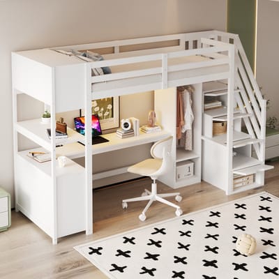 HAUSS SPOLE Hoogslaper 90x200cm - Met Bureau En Kledingkast, Trap Met Opbergvakken, Ledverlichting, Stopcontacten - Zonder matras - Hout - Wit