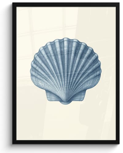 Poster in lijst - Fotolijst 50x70 cm - Posters - Ribbels - Blauw - Schelp - Posterlijst zwart - Decoratie - Wanddecoratie woonkamer - Muurdecoratie slaapkamer